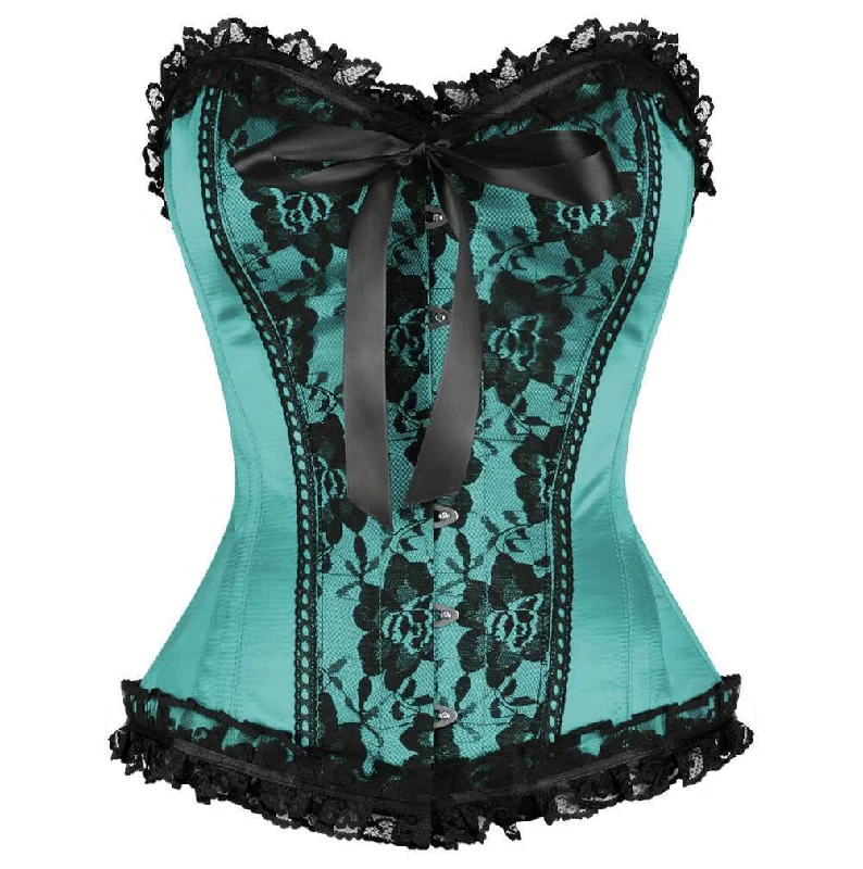 Baby Blue Satin Corset Waist Training Black Frill Net Gothic Burlesque Bustier Overbust