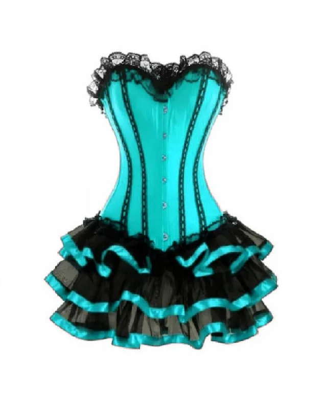 Baby Blue Satin Corset Waist Training Black Frill Tutu Skirt Gothic Bustier Overbust