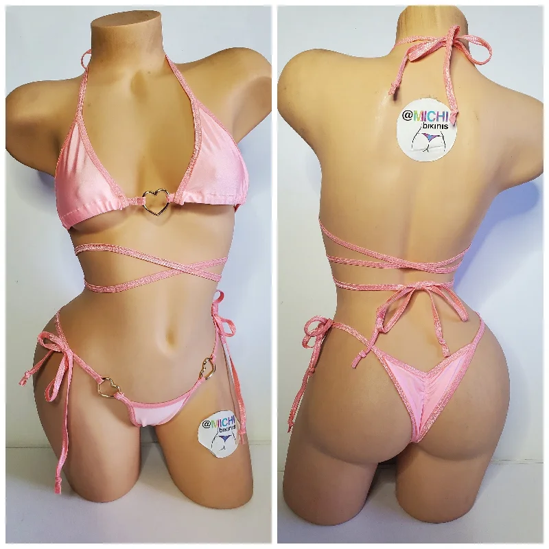 Baby Pink with Baby Pink Trim with Gold Hearts Hardware Medium Coverage Top Scrunch Butt Bottom 2 Piece Micro String Bikini Set One Size