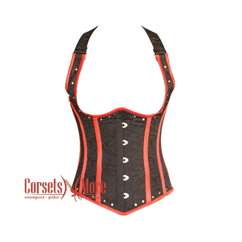 Black Brocade Red Stripe Halter Neck Gothic Underbust Waist Cincher Corset