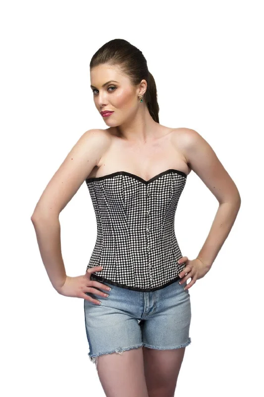 Black White Dotted Polyester Front Open Busk Overbust Women Corset Top