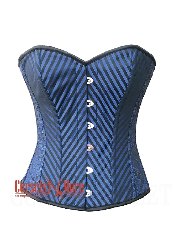 Blue and Black Brocade Striped Overbust Corset Sexy Top