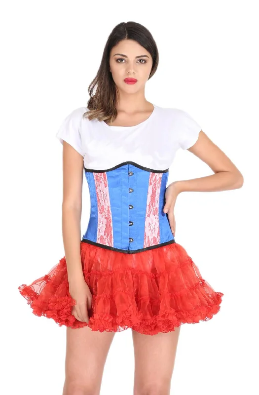 Blue and Red Satin White Net Gothic Burlesque Corset Costume Waist Training Bustier Underbust Top