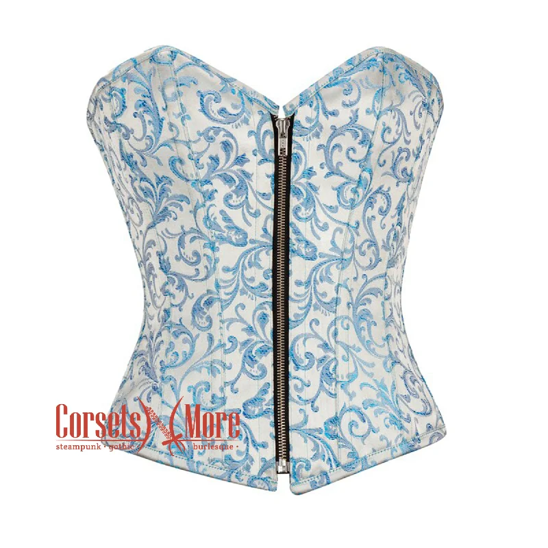 Blue And White Brocade Front Zipper Gothic Overbust Corset Bustier Waist Cincher