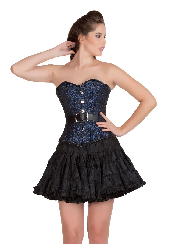 Blue Black Brocade Gothic Burlesque Costume Overbust Corset Top