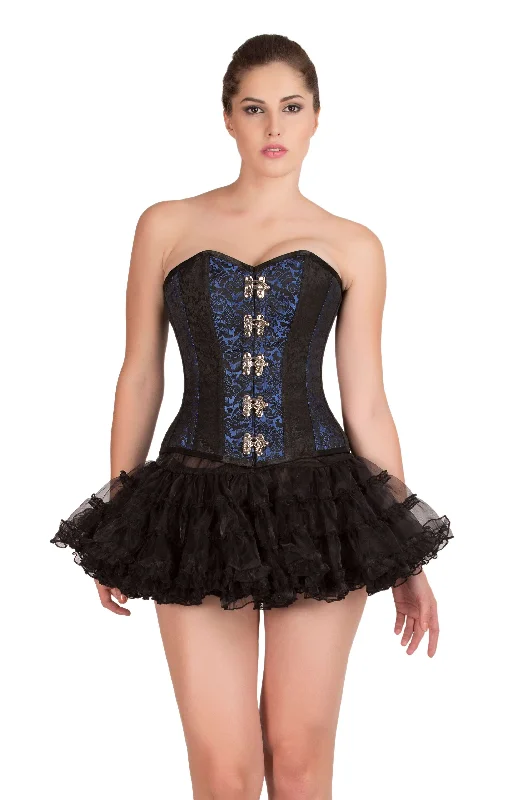 Blue Black Brocade Gothic Steampunk Bustier Waist Training Overbust Corset Top