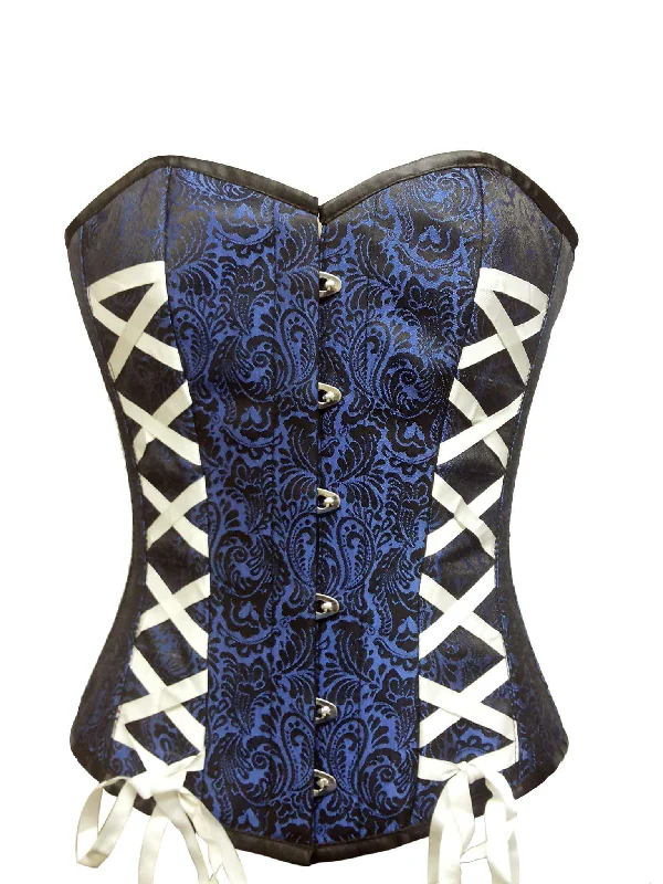 Blue Brocade Gothic Burlesque Corset Waist Cincher Overbust