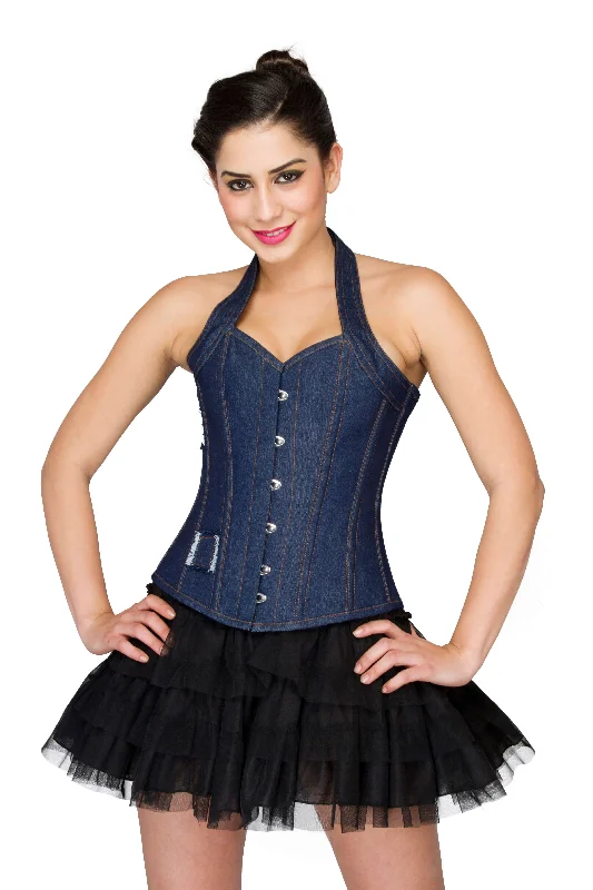 Blue Denim Halter Neck Overbust Corset Top