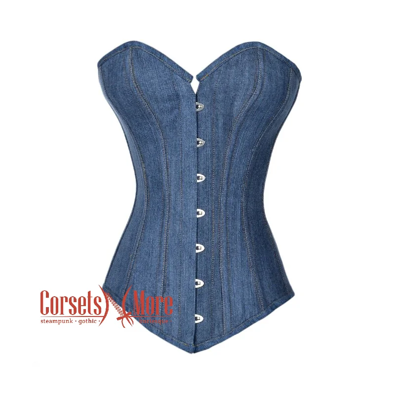 Blue Denim Long Burlesque Bustier Waist Trainer Overbust Corset Top