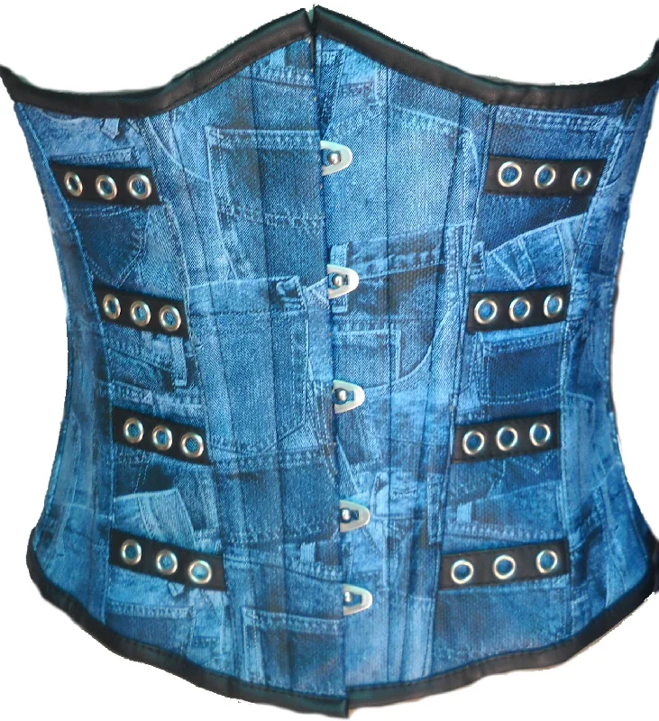 Blue Denim Print Faux Leather Waist Cincher Front Open Busk Underbust Women Corset Costume