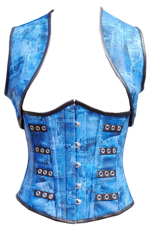 Blue Denim Print Leather Waist Training Underbust Corset Top with Shrug