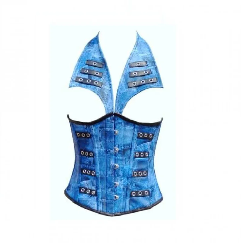 Blue Denim Print Leather with Collar Style Waist Training Underbust Corset Top