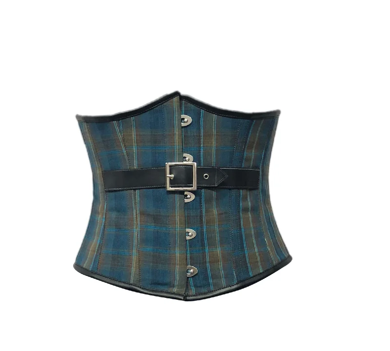 Blue Printed Limited Corset with Black Leather Belt Gothic Vintage Costume Waist Cincher Underbust Bustier Top