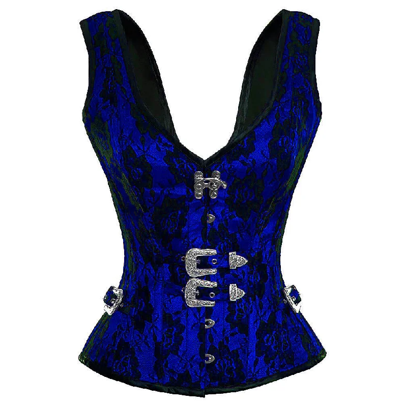 Blue Satin Corset Net Covered Shoulder Strap Gothic Waist Training Overbust Costume