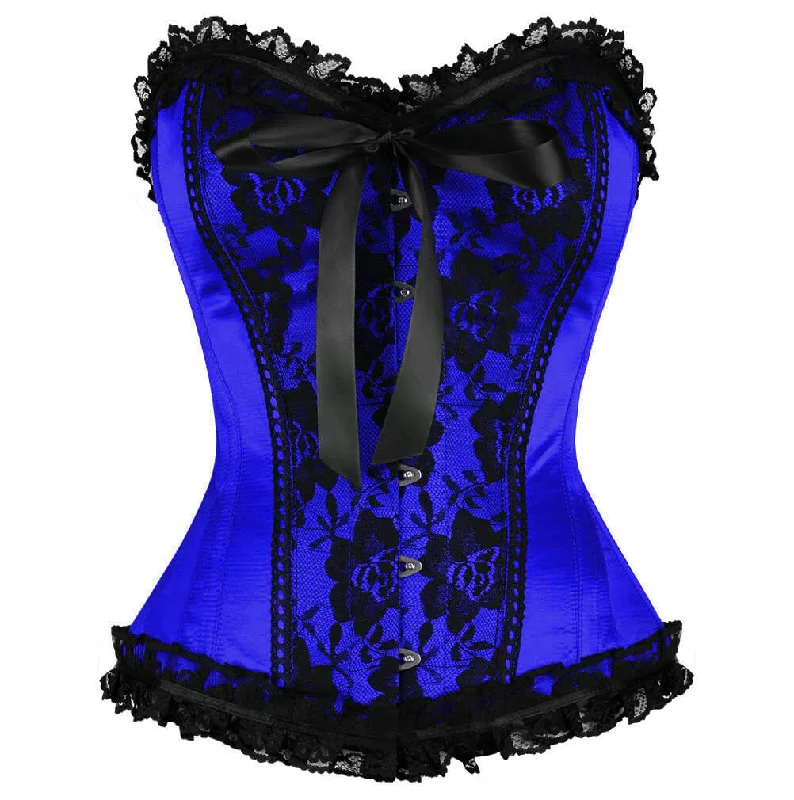 Blue Satin Corset Waist Training Black Frill Net Gothic Burlesque Bustier Overbust