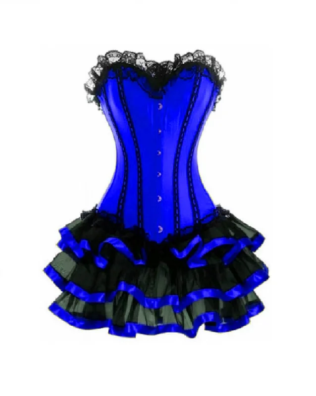 Blue Satin Corset Waist Training Black Frill Tutu Skirt Gothic Burlesque Bustier Overbust