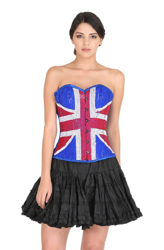 Blue Satin Red White Handmade Sequins UK Flag Gothic Corset Burlesque Bustier Waist Training Overbust Dress