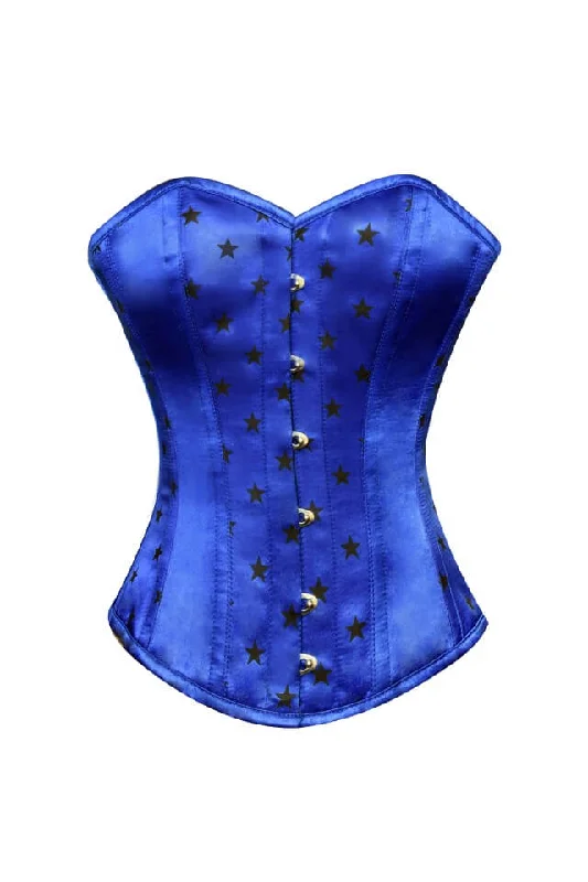 Blue Satin Stars Print Gothic Burlesque Corset Waist Training Overbust