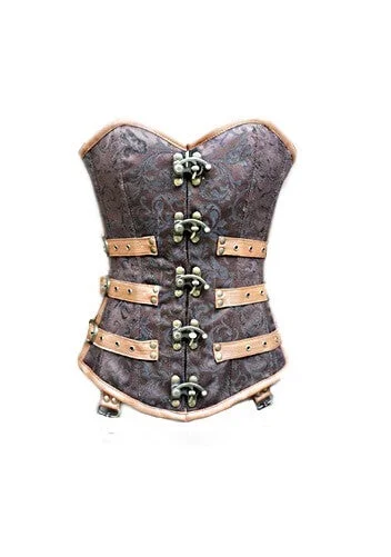 Brown Brocade Leather Gothic Steampunk Bustier Period Costume Waist Training Overbust Corset Top