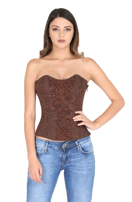 Brown Brocade Wood Beads Work Zipper Gothic Corset Costume Waist Training Overbust Bustier Top