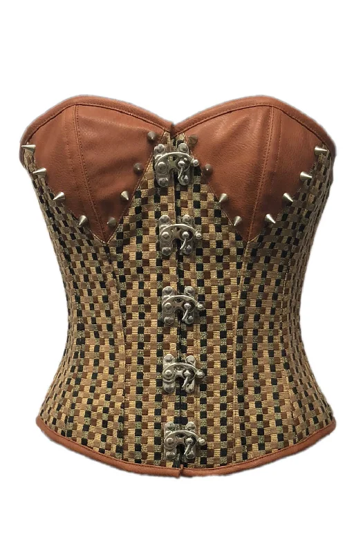 Brown Checkered Print Spikes Gothic Corset Steampunk Waist Training Costume Bustier Overbust Corset Top