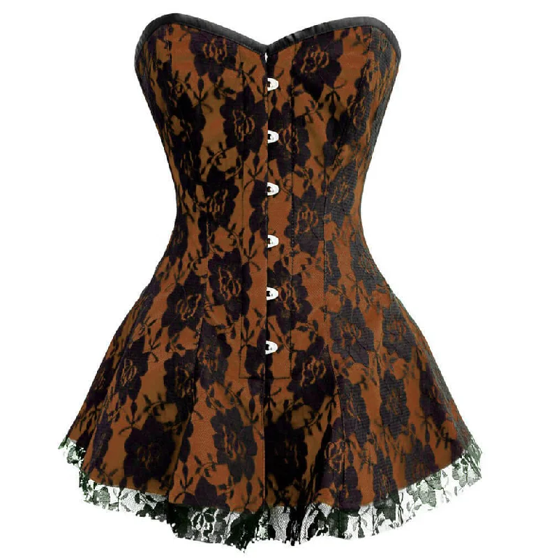 Brown Satin Corset Black Net Gothic Burlesque Costume Overbust