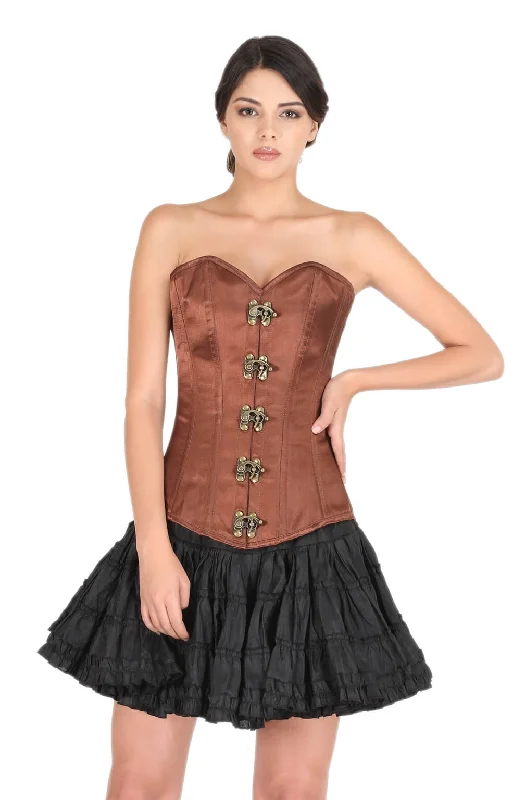 Brown Satin Corset Front Seal Lock Gothic Burlesque Bustier Waist Training LONG Overbust Top