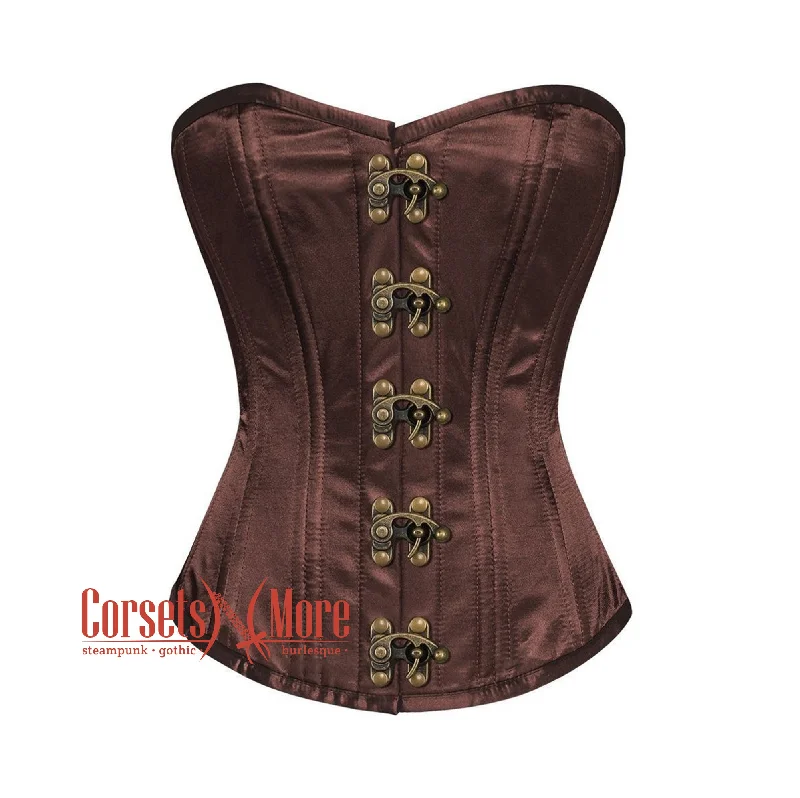 Brown Satin Double Bone Burlesque Overbust Bustier Waist Training Corset