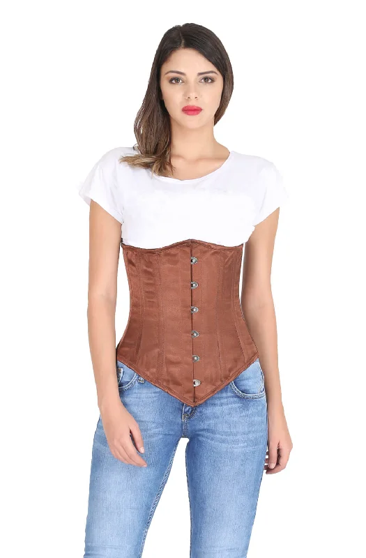 Brown Satin Gothic Burlesque Corset Costume Waist Training LONG Underbust Bustier Top