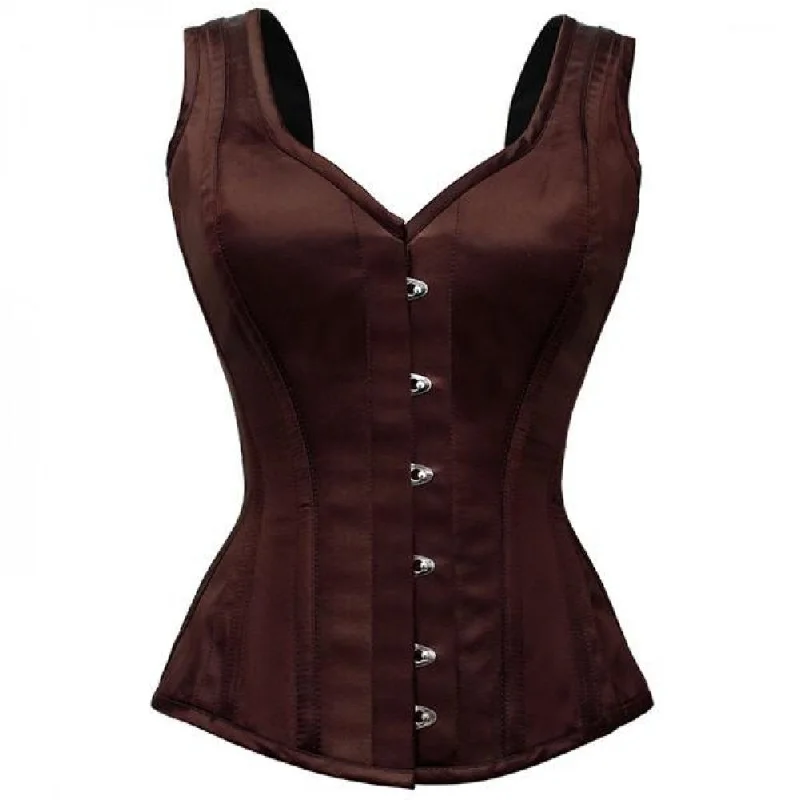 Brown Satin With Shoulder Strap Gothic Burlesque Bustier Waist Training Overbust Corset Costume