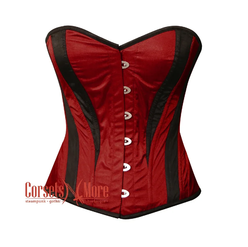 Burgundy and Black Satin Burlesque Costume Overbust Corset Top