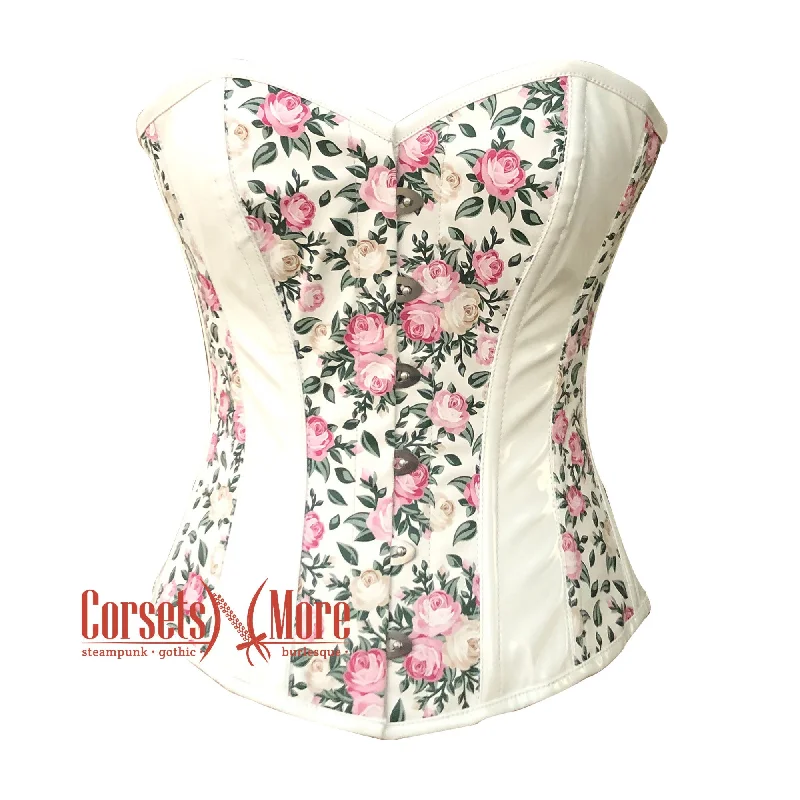 Plus Size White PVC Floral Printed Soft Leather Gothic Overbust Steampunk Corset Top