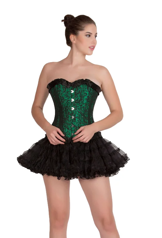 Green Black Brocade with Frills Double Bone Gothic Burlesque Bustier Waist Training Overbust Corset Top