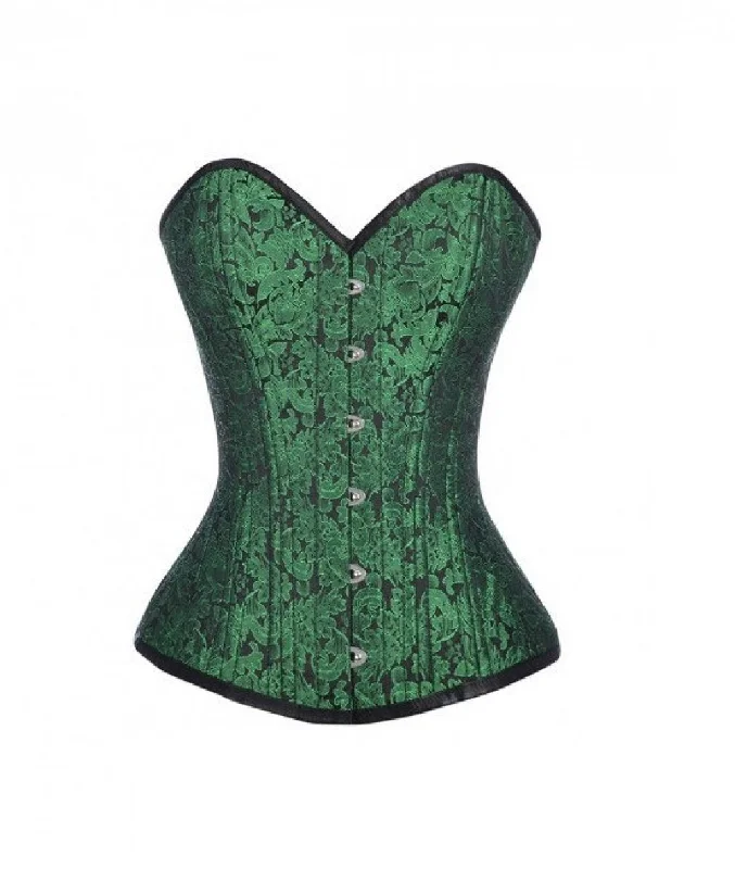 Green Brocade Busk Double Bone Burlesque Overbust Corset Waist Training