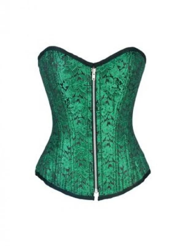 Green Brocade Zipper Double Bone Burlesque Overbust Corset Waist Training Top