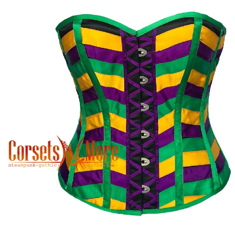 Green Purple and Yellow Satin Multi Color Striped Costume for Mardi Gras Overbust Corset Top