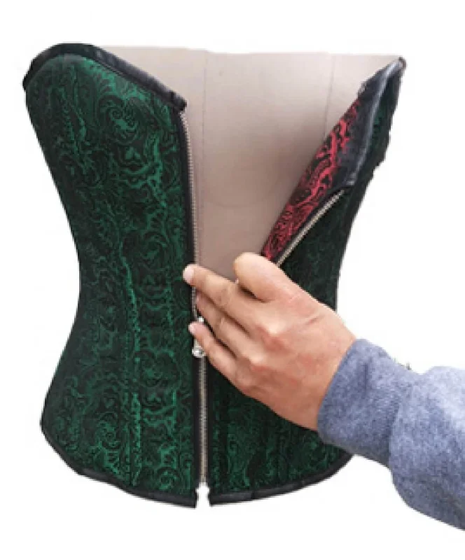 Green Red Reversible Brocade Front Zipper Waist Cincher Women Overbust Corset Top