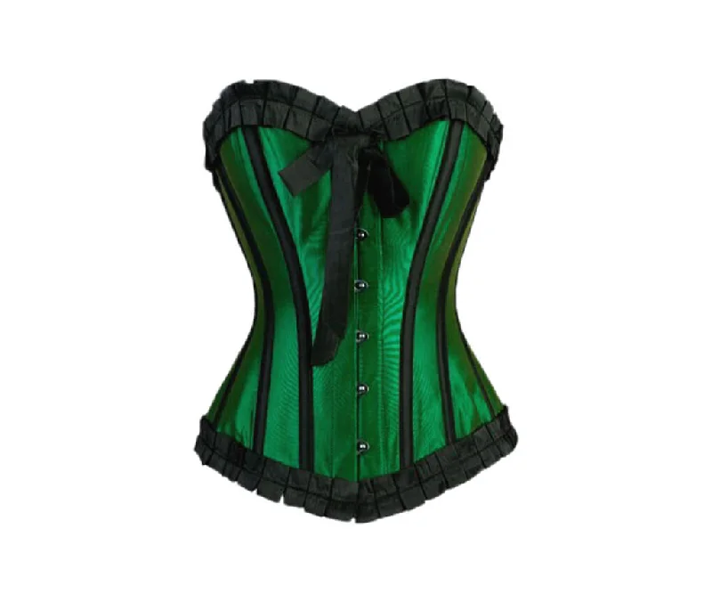 Green Satin Black Frill Retro Burlesque Waist Training Bustier Overbust Corset