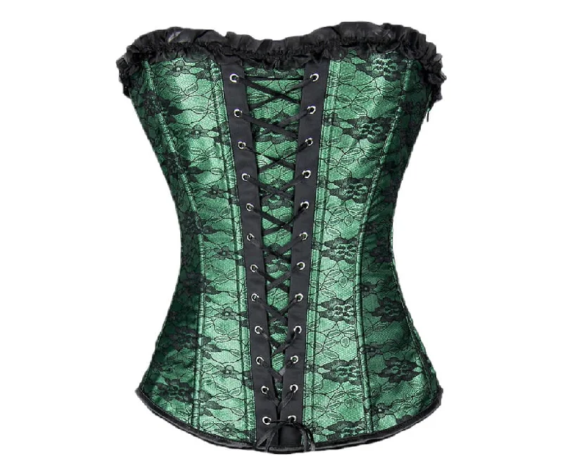 Green Satin Black Net Gothic Burlesque Corset Waist Training Overbust