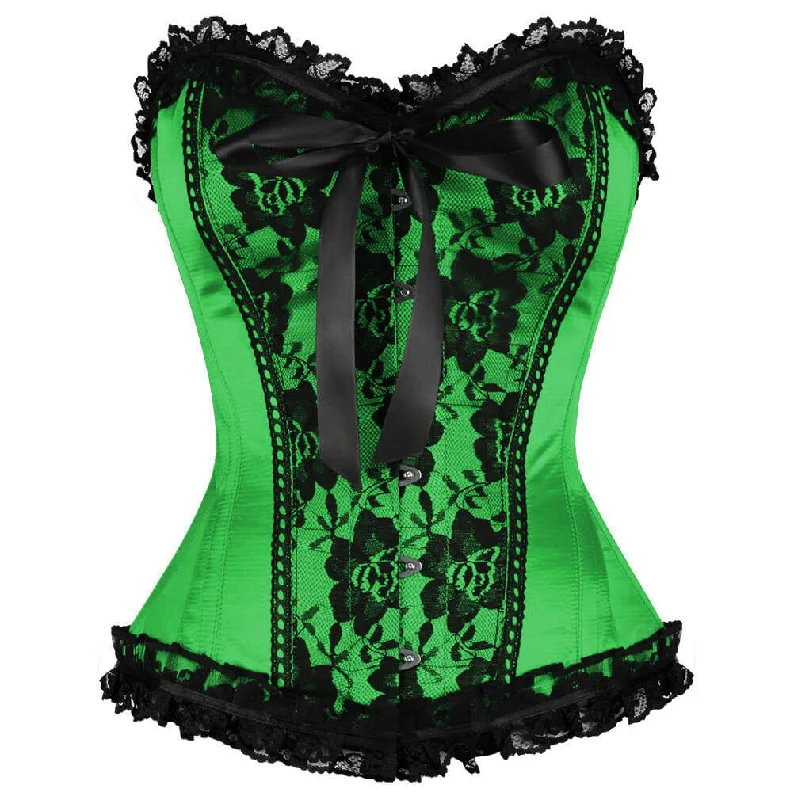 Green Satin Mardi Gras Corset Waist Training Black Frill N Net Gothic Burlesque Bustier Overbust