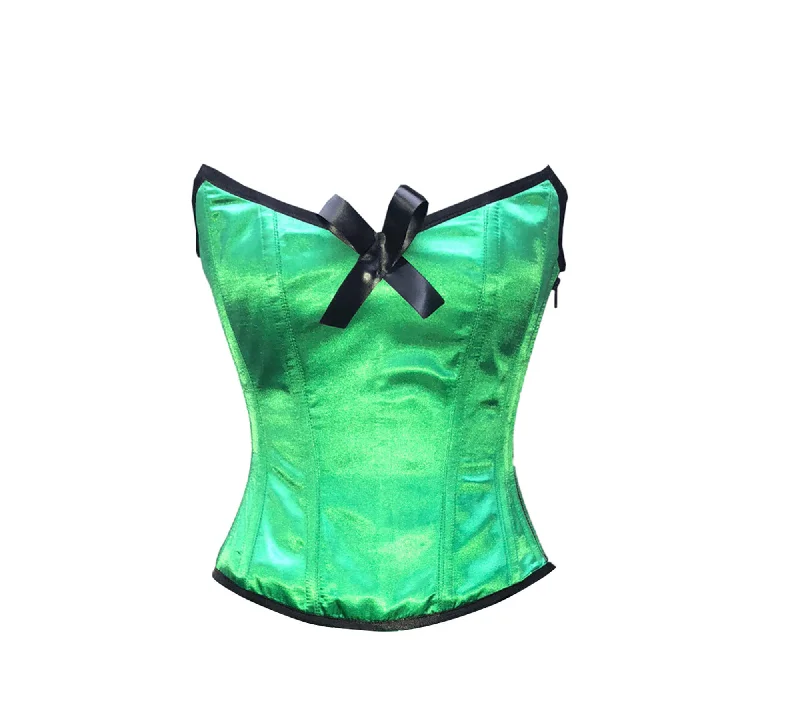 Green Satin Corset Zipper with Black Bow Gothic Burlesque Mardi Gras Costume Waist Training Overbust Top