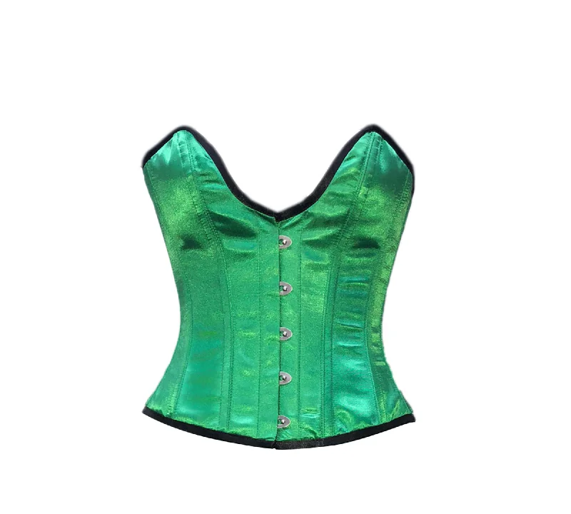 Green Satin Deep Bust Gothic Corset Burlesque Waist Training Costume Mardi Gras Overbust Top