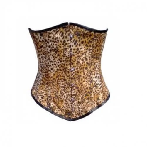 Leopard Animal Print Polyester Burlesque Waist Training Basque LONG Underbust Corset Costume