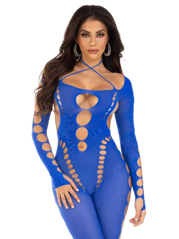 Opaque Cut Out Footless Bodystocking - One Size -  Royal Blue