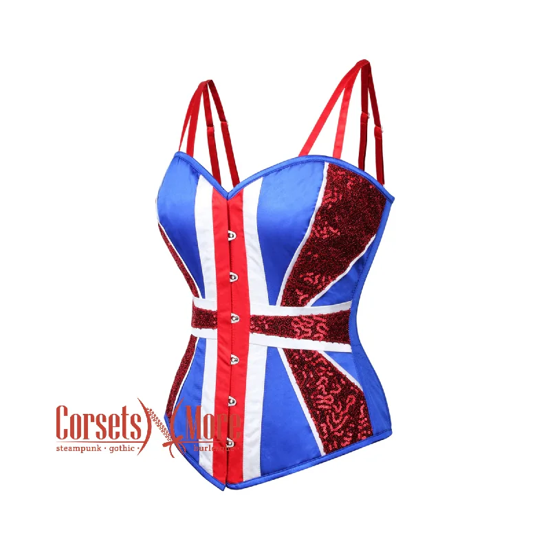 Plus Size Blue And  White Satin With Red Sequins UK Flag Goth Burlesque Overbust Corset With Red Stripes