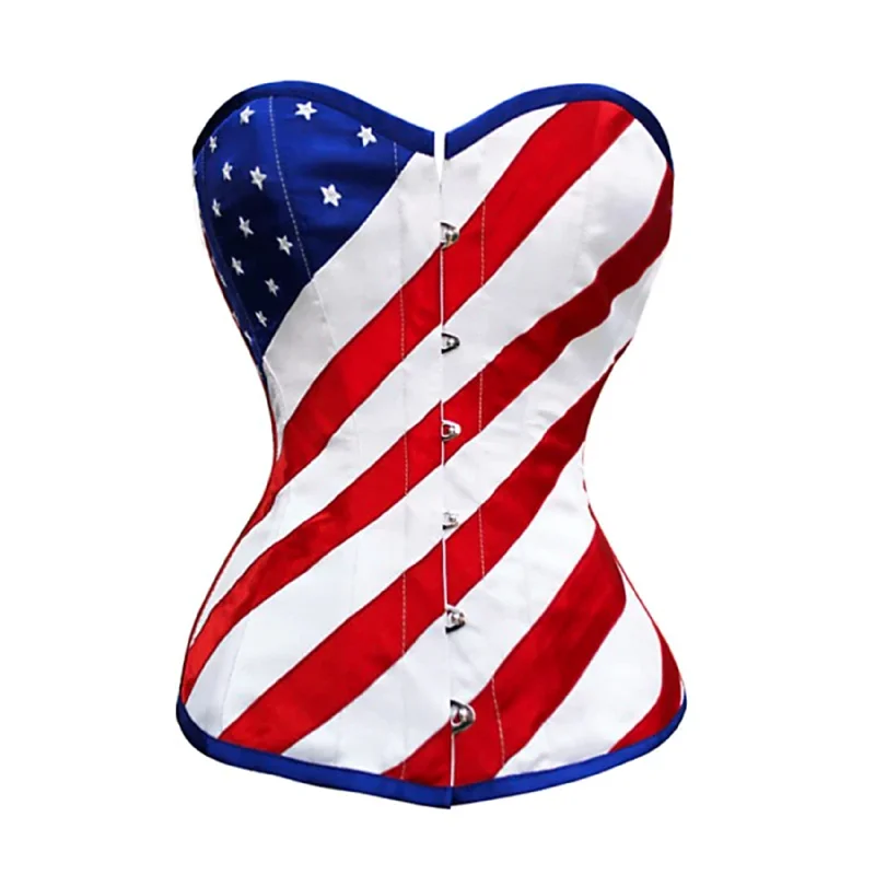 USA Flag Corset Red Strips Blue Satin Gothic Overbust Costume Burlesque Top