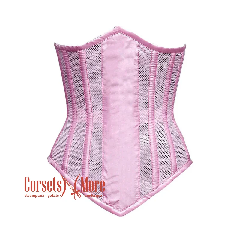 Plus Size Pink Satin Mesh With Front Close Long Underbust Corset