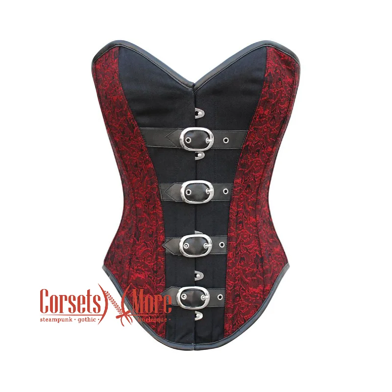 Plus Size Red And Black Brocade Black Cotton Overbust Corset