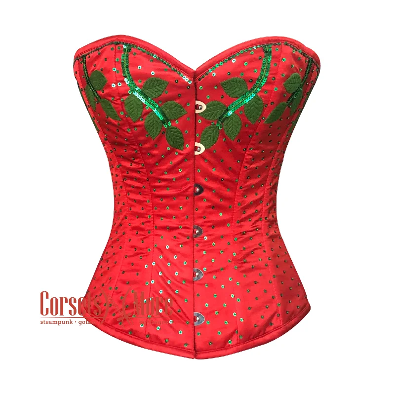 Plus Size Red Satin Thread Sequins Work Burlesque Gothic Corset Top