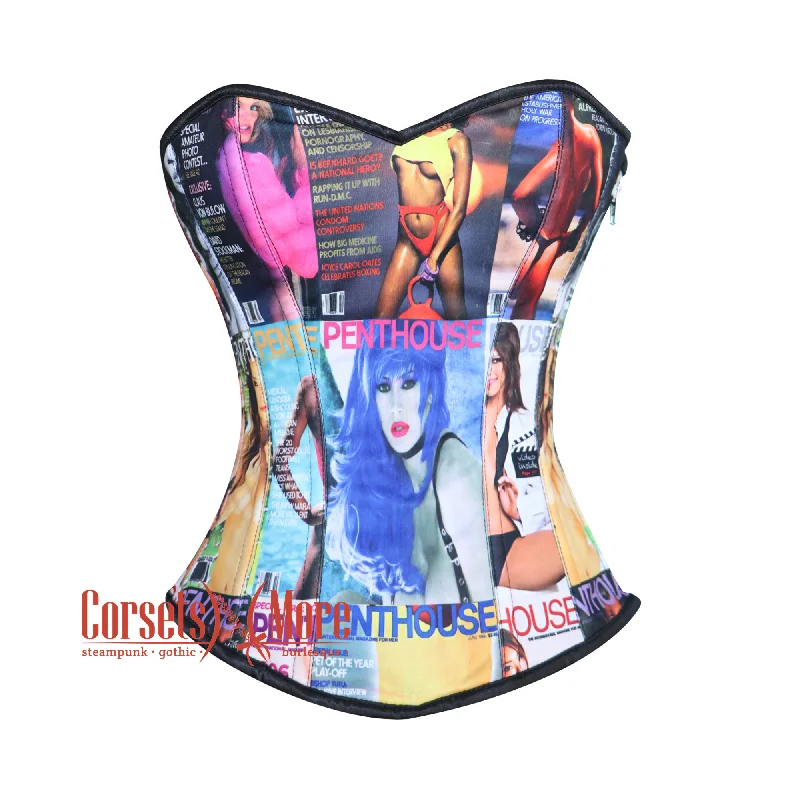 Plus Size Sexy Printed Corset Overbust Gothic Costume Waist Cincher Bustier Zipper Top